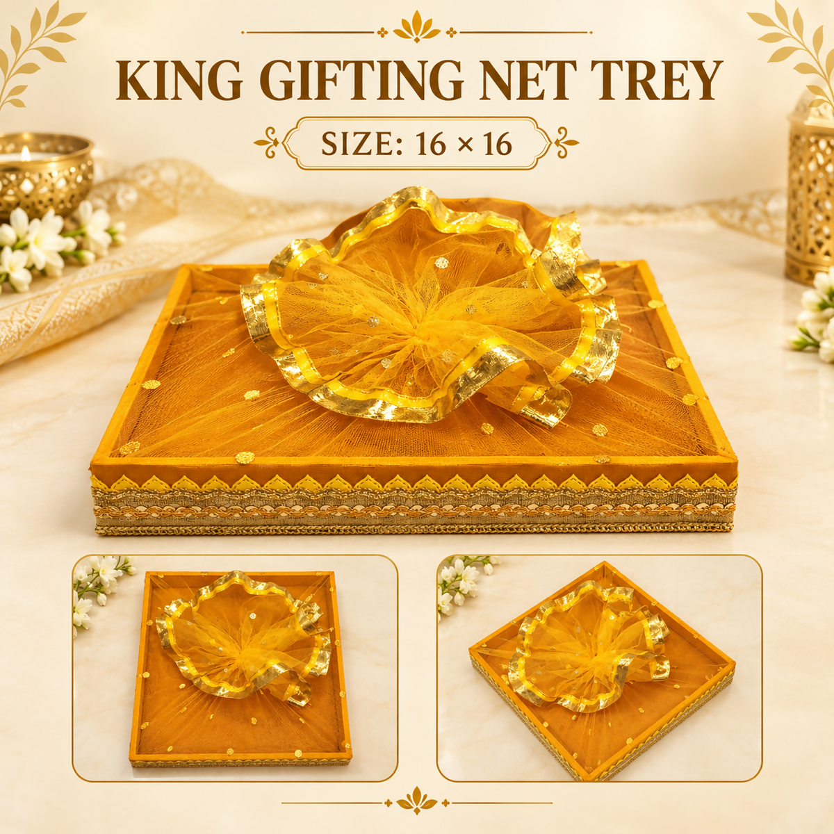 A yellow square tray with ruffled net and gold border, with two smaller insets showing different angles.