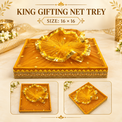 A yellow square tray with ruffled net and gold border, with two smaller insets showing different angles.