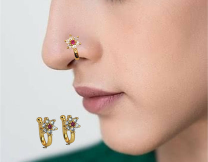 Gold Plated Multicolor Floral Stone Nose Ring for Women Combo Pack of 2