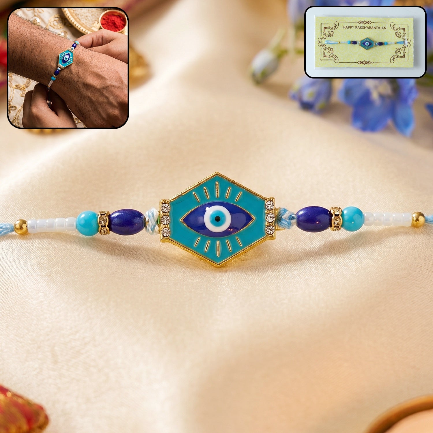 Turquoise Evil Eye Hexagon Designer Rakhi with decorative beads