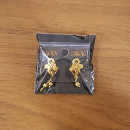 Regal Botanical Motif Gold Drop Earrings with Cascading Chain Bead Accents