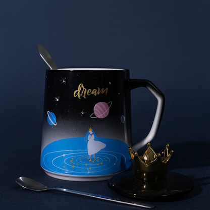 Premium Ceramic Dream Mug with Golden Crown Lid & Spoon | Luxury Galaxy Theme Coffee & Tea Cup for Home, Office & Gifting | Cute Designer Mug with Lid for Hot Beverages | Ideal Birthday, Anniversary & Festive Gift