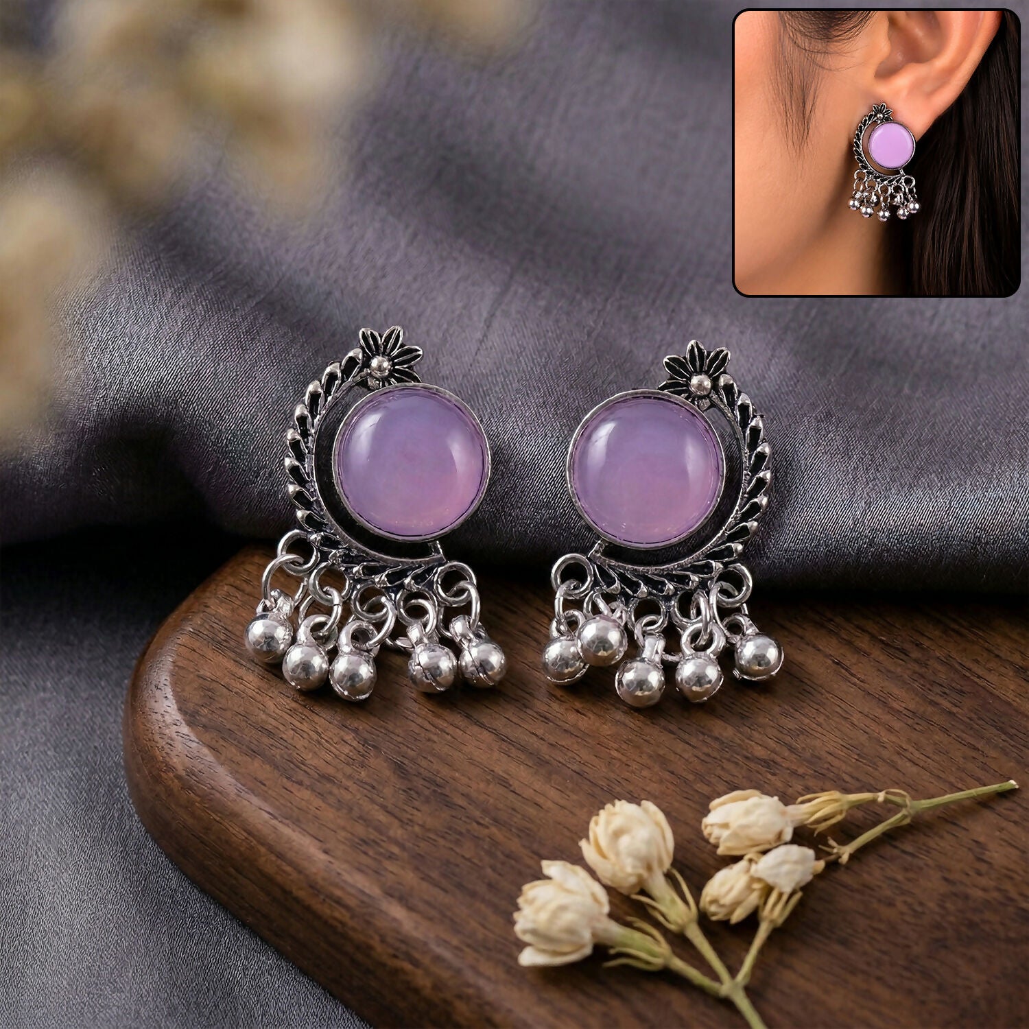 Oxidized Silver Lavender Stone Earrings front view