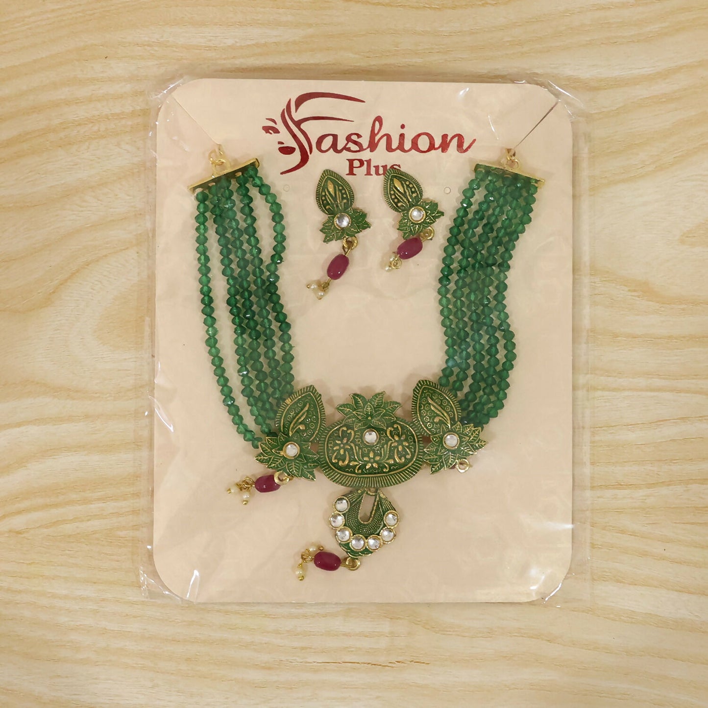 Traditional green beaded necklace and earring set