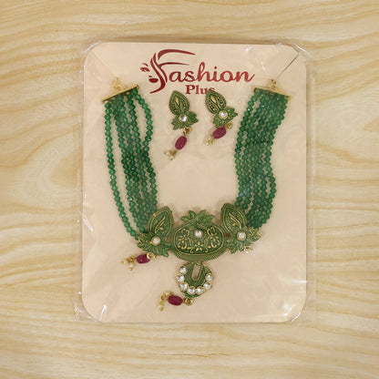 Traditional green beaded necklace and earring set