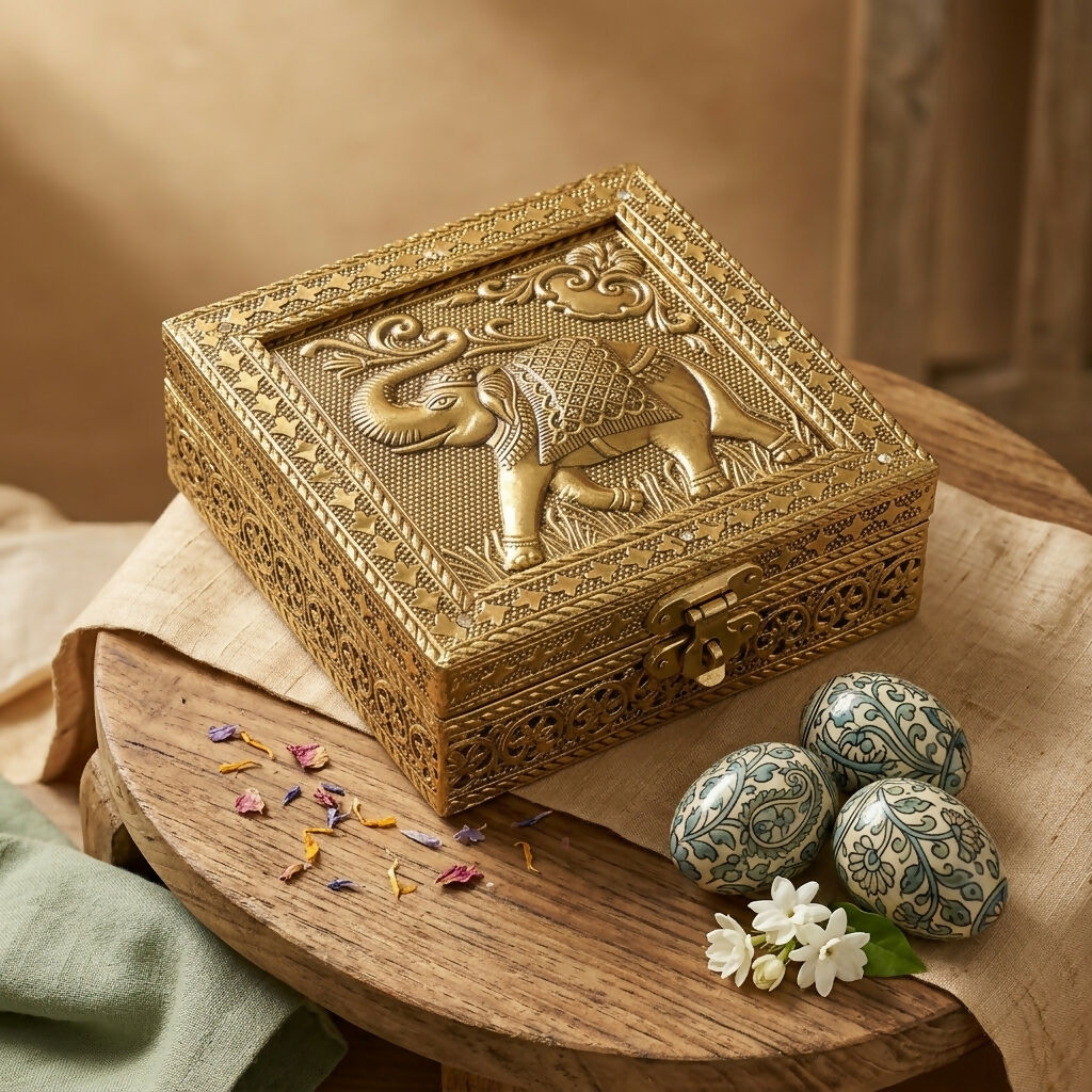Golden embossed elephant box side view India