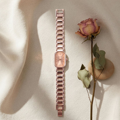 Elegant Rose Gold Rectangular Dial Women’s Watch with Premium Metal Strap