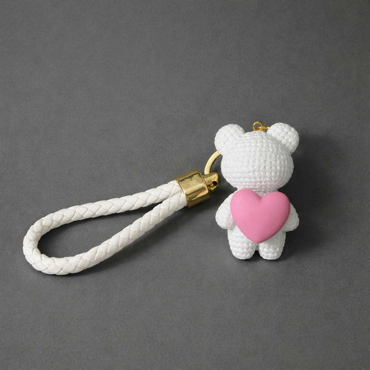Cute White Teddy Bear Keychain with Heart | Bag, Purse & Key Holder Charm