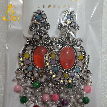 Oxidized Silver Multicolor Stone Chandbali Earrings with Pearl Bead Drops