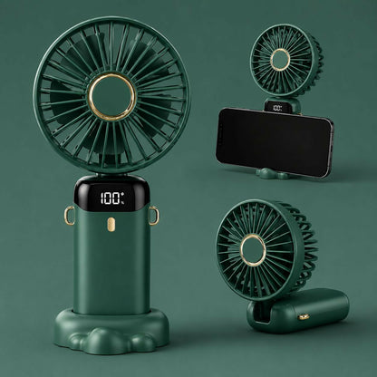 Foldable rechargeable neck fan shown in compact form