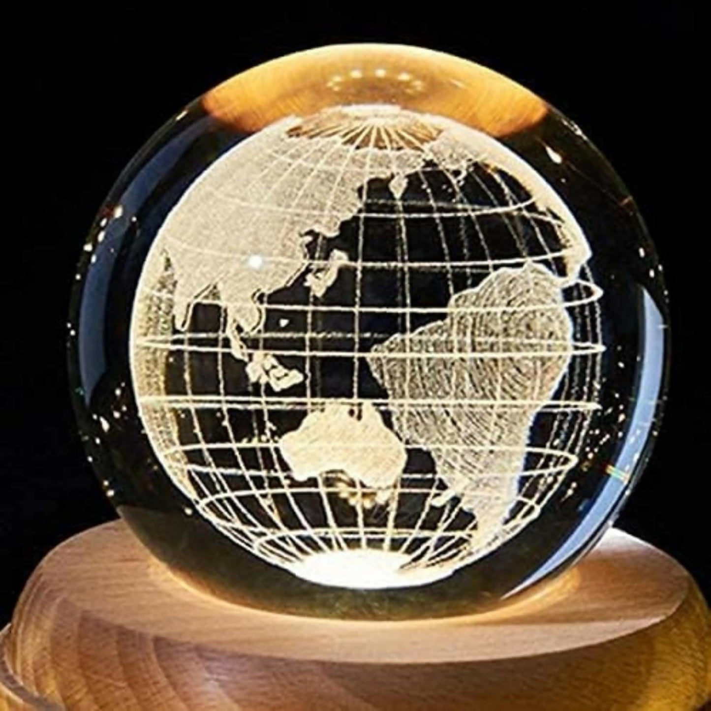 3D Crystal World Map Night Lamp with Wooden Base, USB Powered Decorative Light