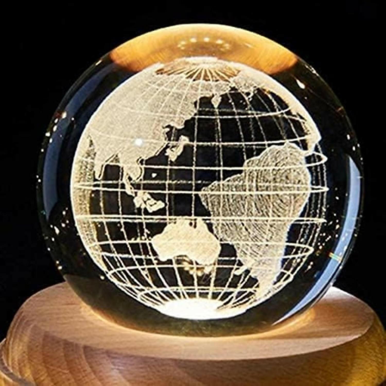 3D Crystal World Map Night Lamp with Wooden Base, USB Powered Decorative Light