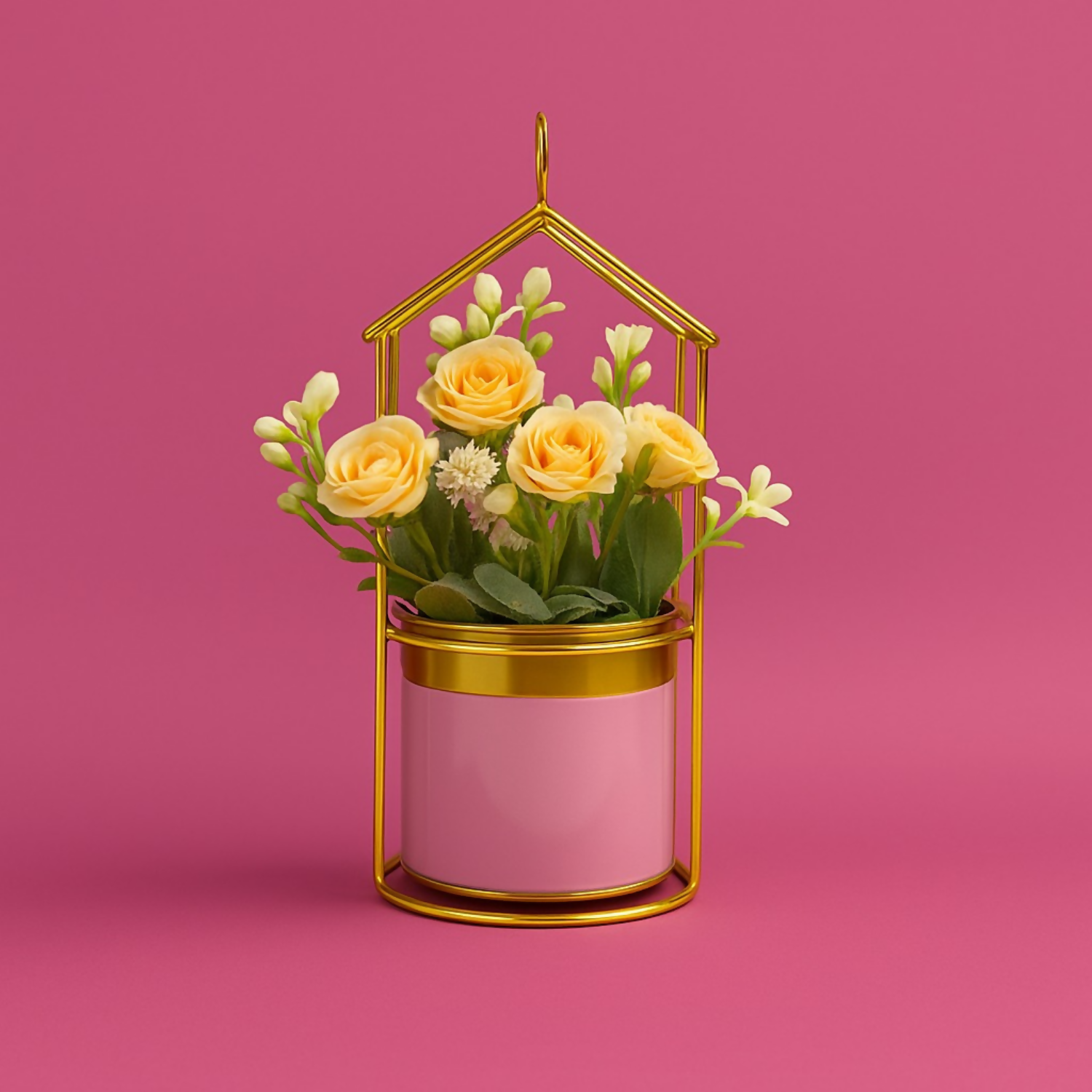 Elegant Yellow Artificial Flower Pot with Golden Metal Stand and Pink Pot | Decorative Faux Plant for Living Room, Bedroom, Office & Tabletop Home Decor | Premium Gift for Housewarming & Festive Decor
