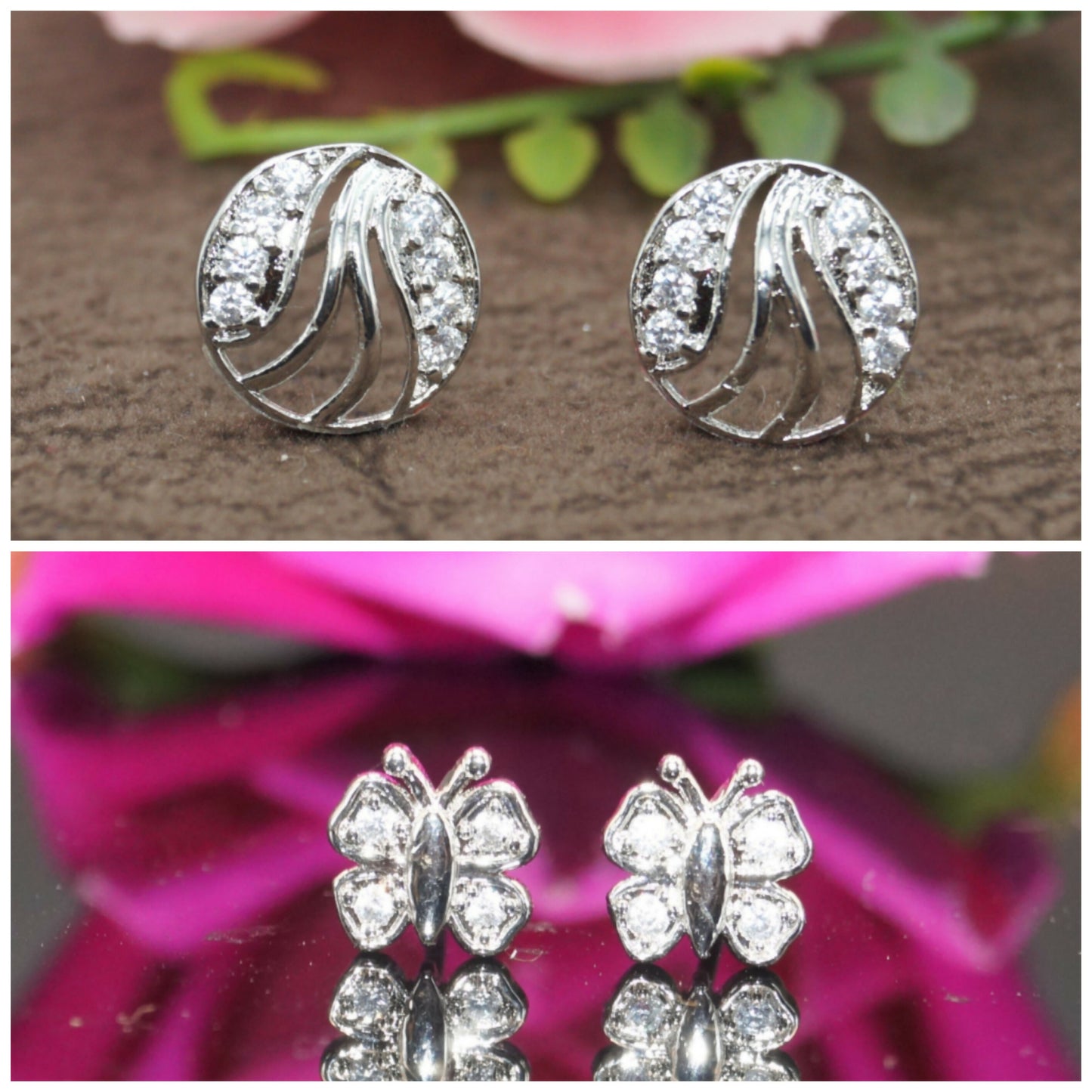 Two pairs of silver plated American Diamond stud earrings featuring abstract round and butterfly designs