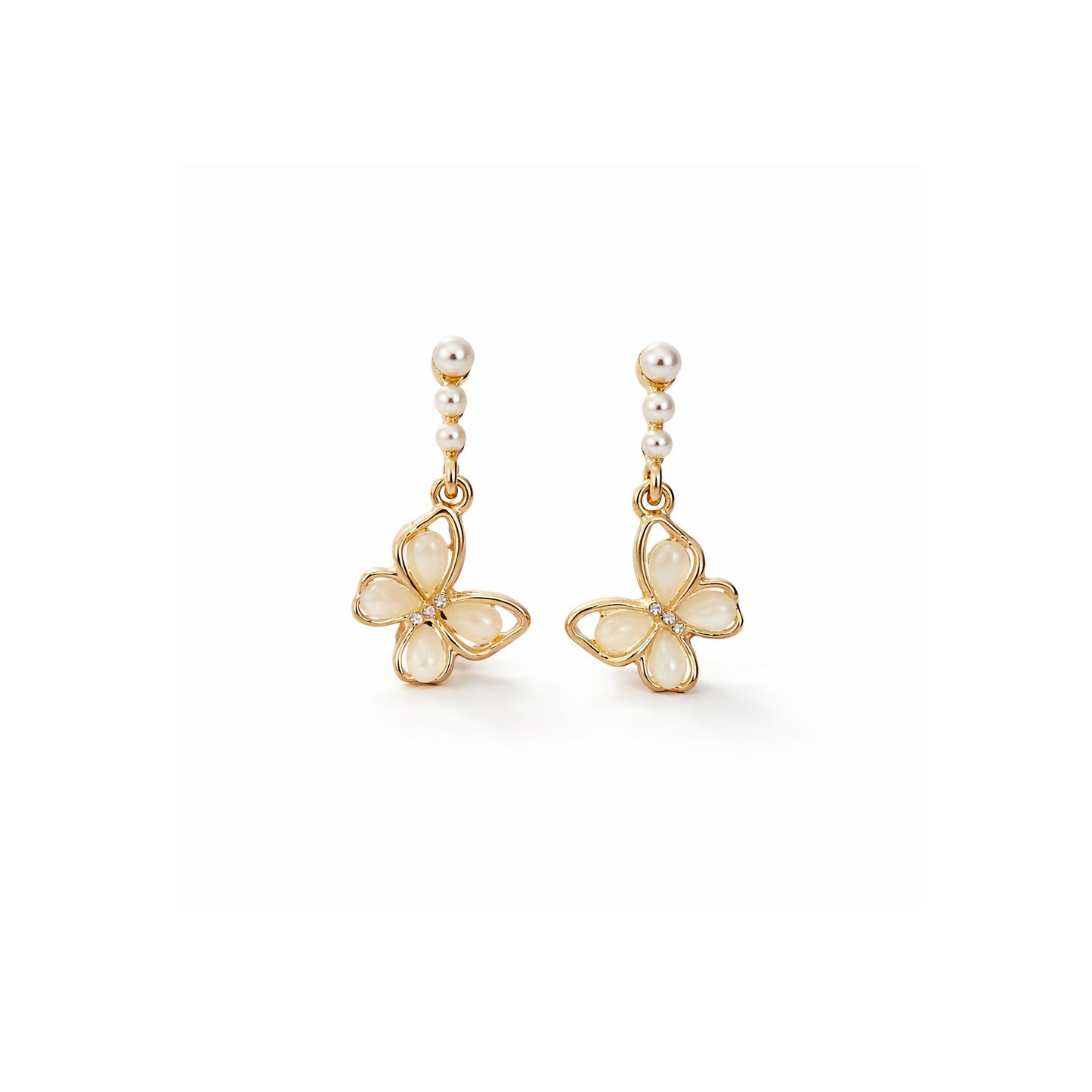Elegant Gold Butterfly Pearl Drop Earrings with Floral Design for Women