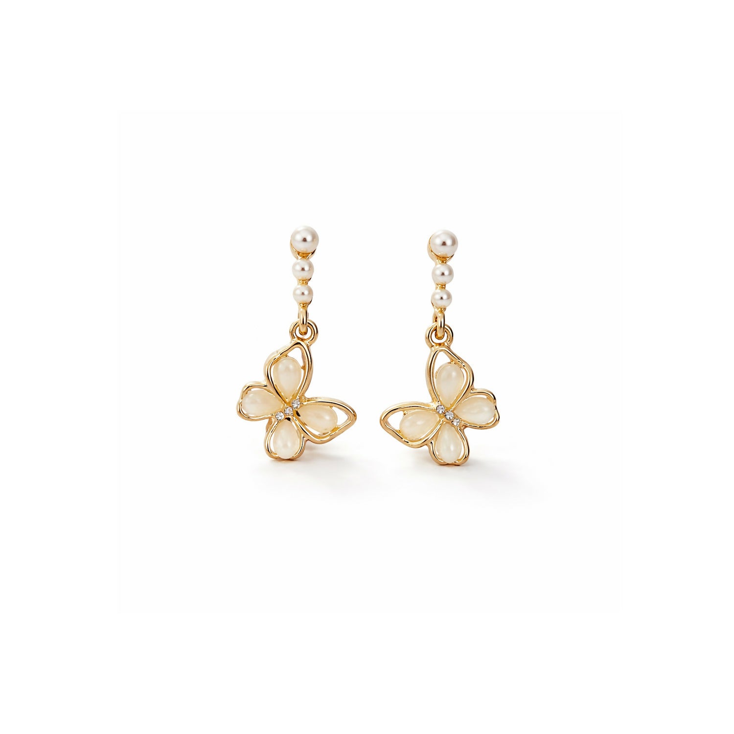 Elegant Gold Butterfly Pearl Drop Earrings with Floral Design for Women