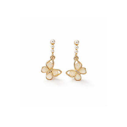 Elegant Gold Butterfly Pearl Drop Earrings with Floral Design for Women