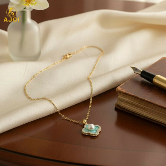 Elegant Gold Plated Floral Pendant Necklace with Pearl & Mint Enamel for Women