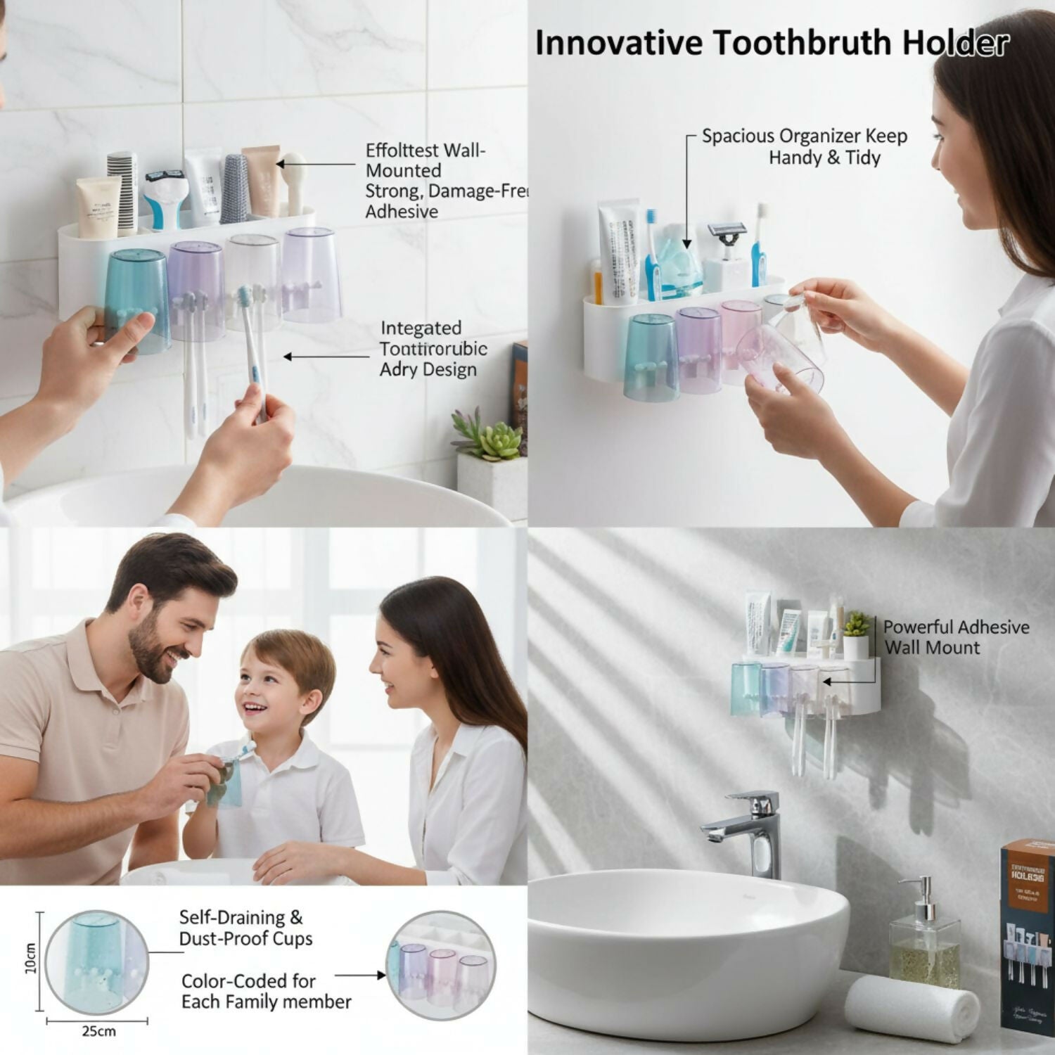 Toothbrush Holders & Storage Rack with 4 Cute Cartoon Cups