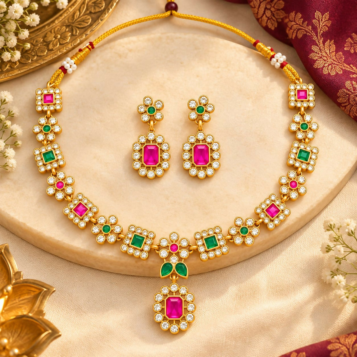 Gold Tone Necklace Set with Pink & Green Stones, White CZ and Matching Drop Earrings