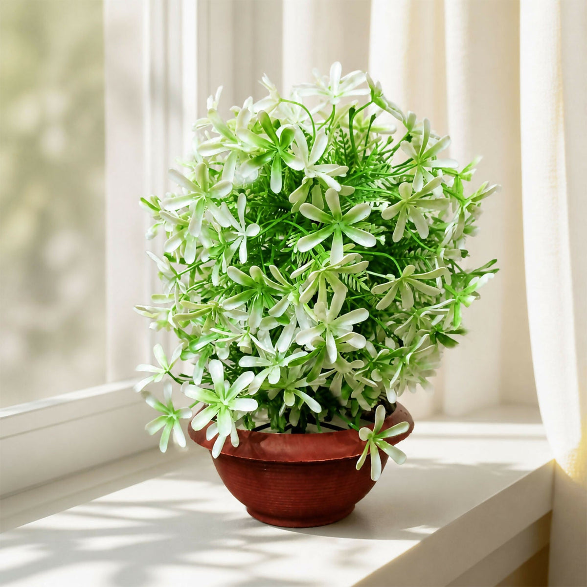 Artificial White Flower Plant with Brown Bowl Pot Green Leaves Home Office Decor