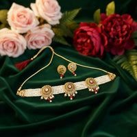 Traditional Gold-Plated Kundan Pearl Choker Necklace Set with Emerald red Drops and Matching Earrings