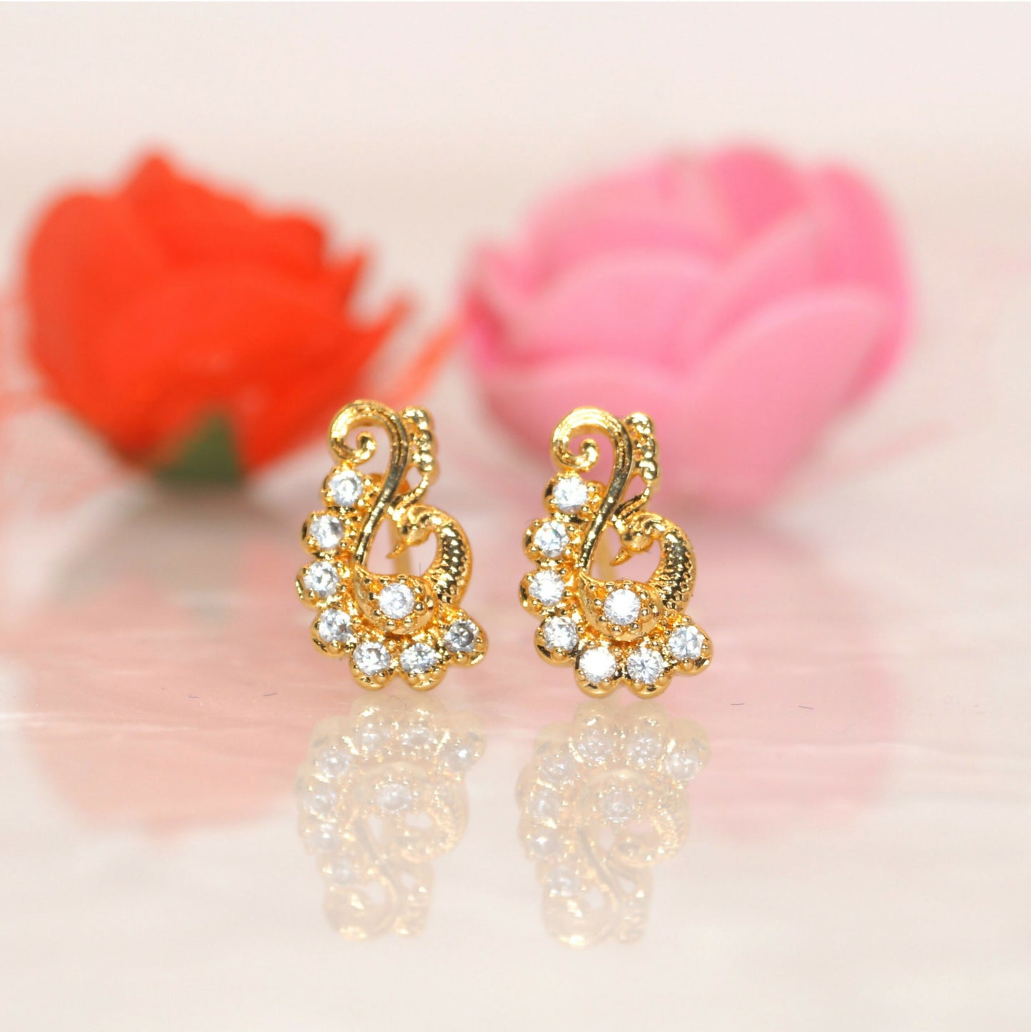 Gold Plated AD Stud Earrings | Modern S-Curve Design for women & girls
