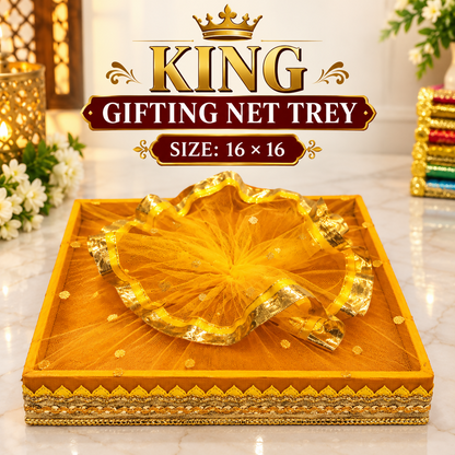 A yellow square tray with ruffled net and gold border, with text overlay and decorative elements, on a patterned surface.
