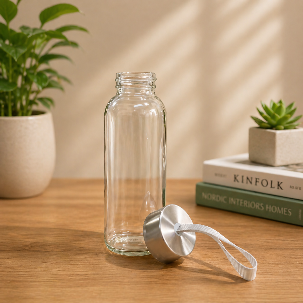 Leak-resistant lid with carry strap on glass water bottle