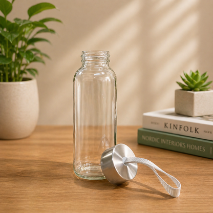 Leak-resistant lid with carry strap on glass water bottle