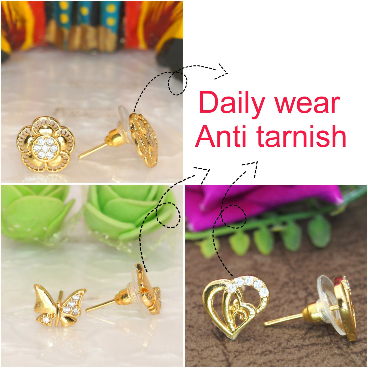 Gold Plated Stud Earring Combo | Heart, Butterfly & Floral" for women and girls Combo Pack of 3