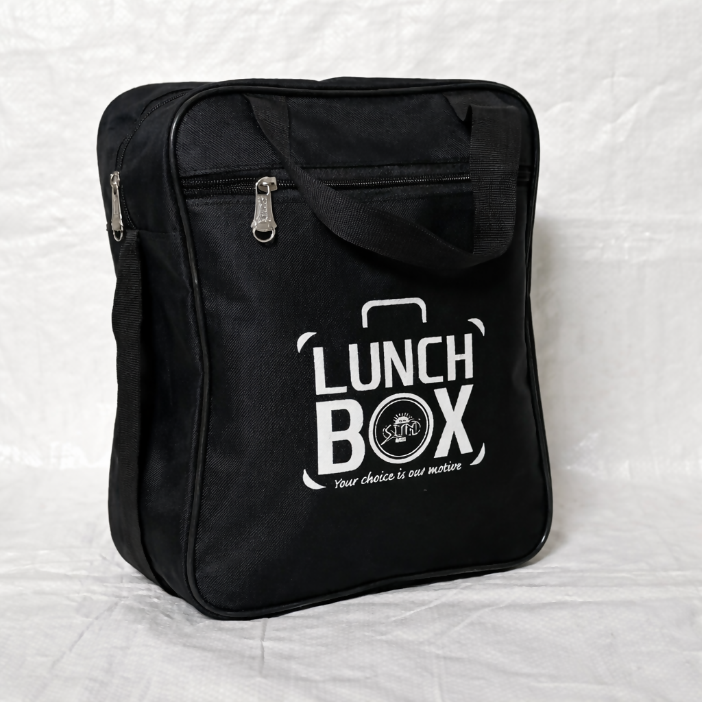 Side view of insulated lunch bag with adjustable shoulder strap and durable water-resistant material.