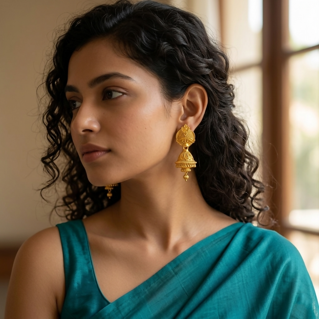 Close-up of gold tone jhumka earrings with intricate design