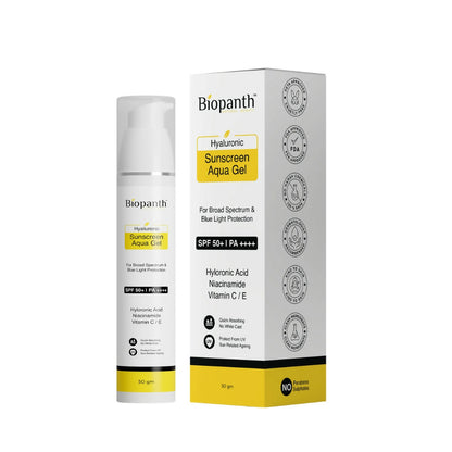 Hyaluronic Sunscreen Aqua Gel in a sleek blue tube for all skin tones