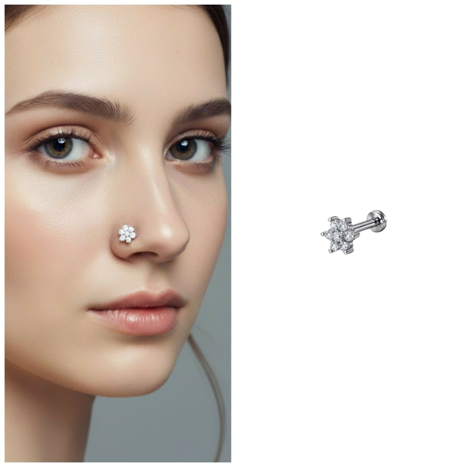 Silver-plated crystal flower nosepin stud showing six-petal design with cubic zirconia crystals