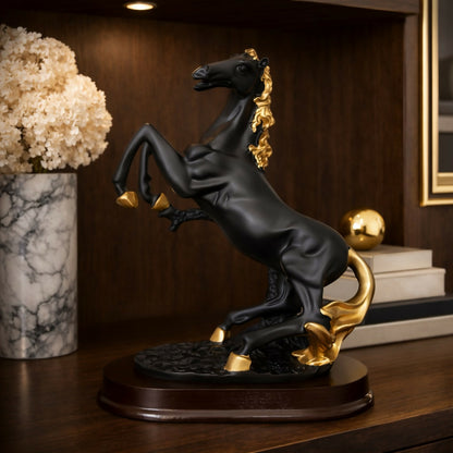 Black gold rearing horse statue side view