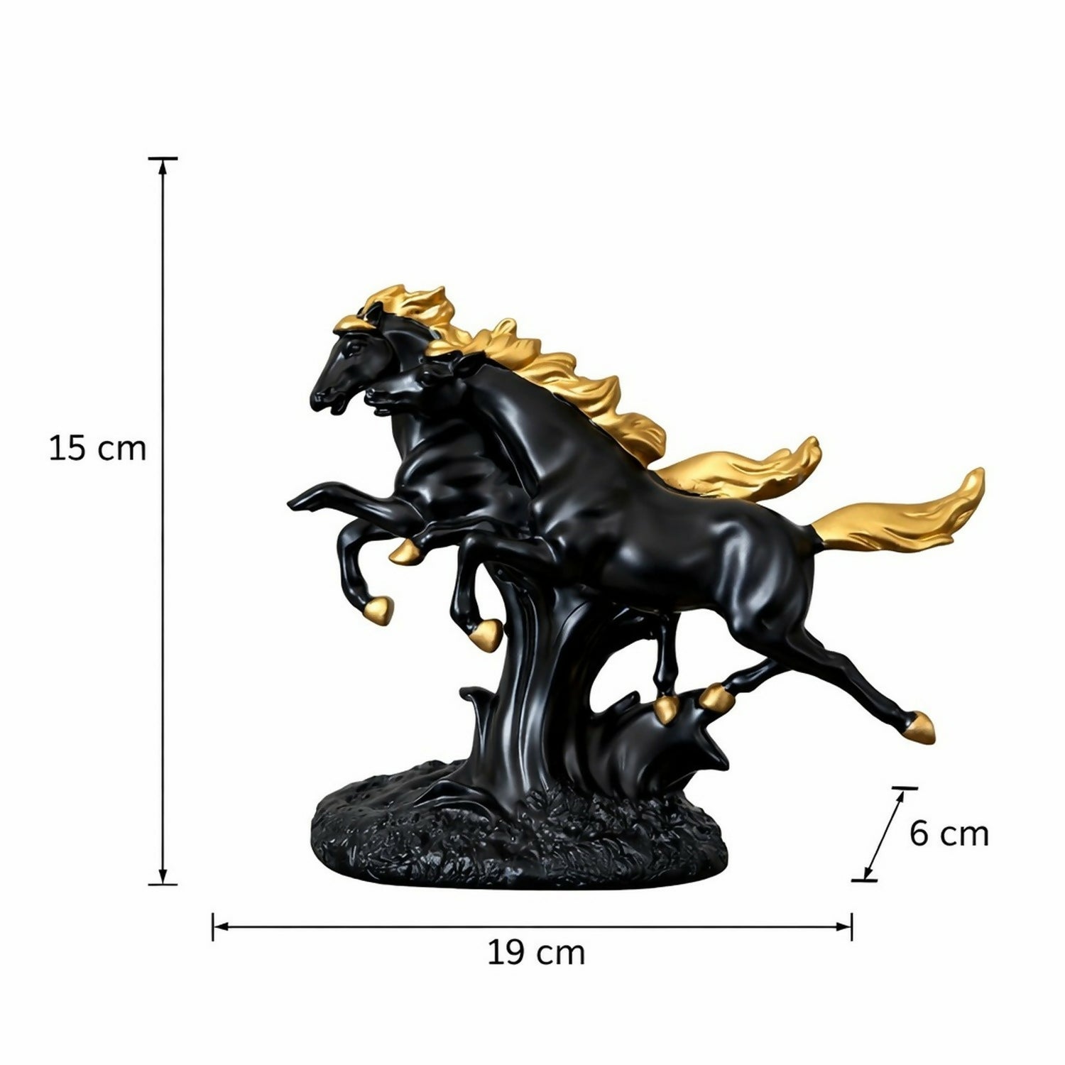 Double Black Horse Showpiece with Golden Mane for Home Decor | Lucky Horse Statue