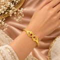 Gold-Plated Ruby Stone Curved Leaf Motifs Open Cuff Bracelet for Women