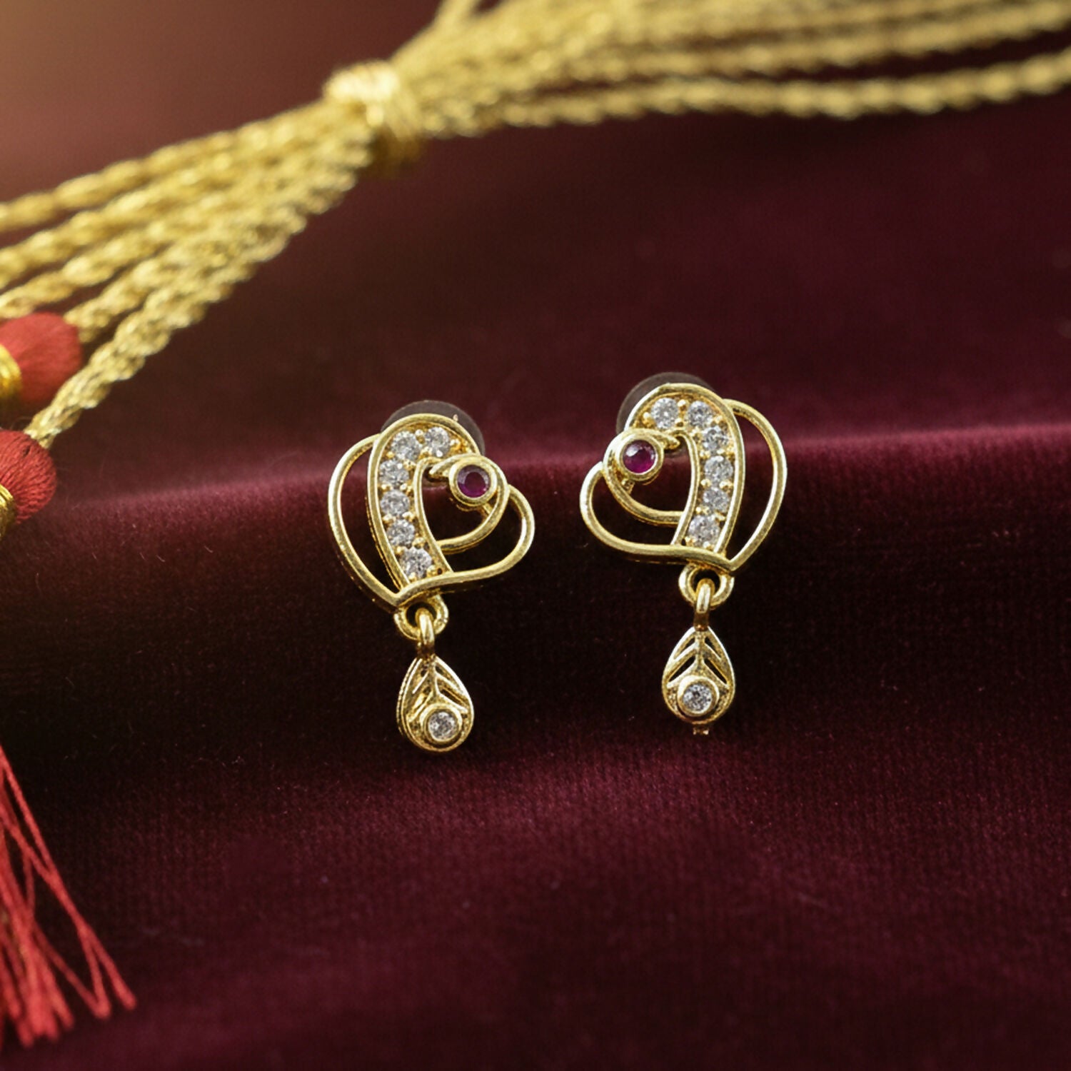 Trendy Geometric Gold Earrings with Sparkling Stones & Drop Charm