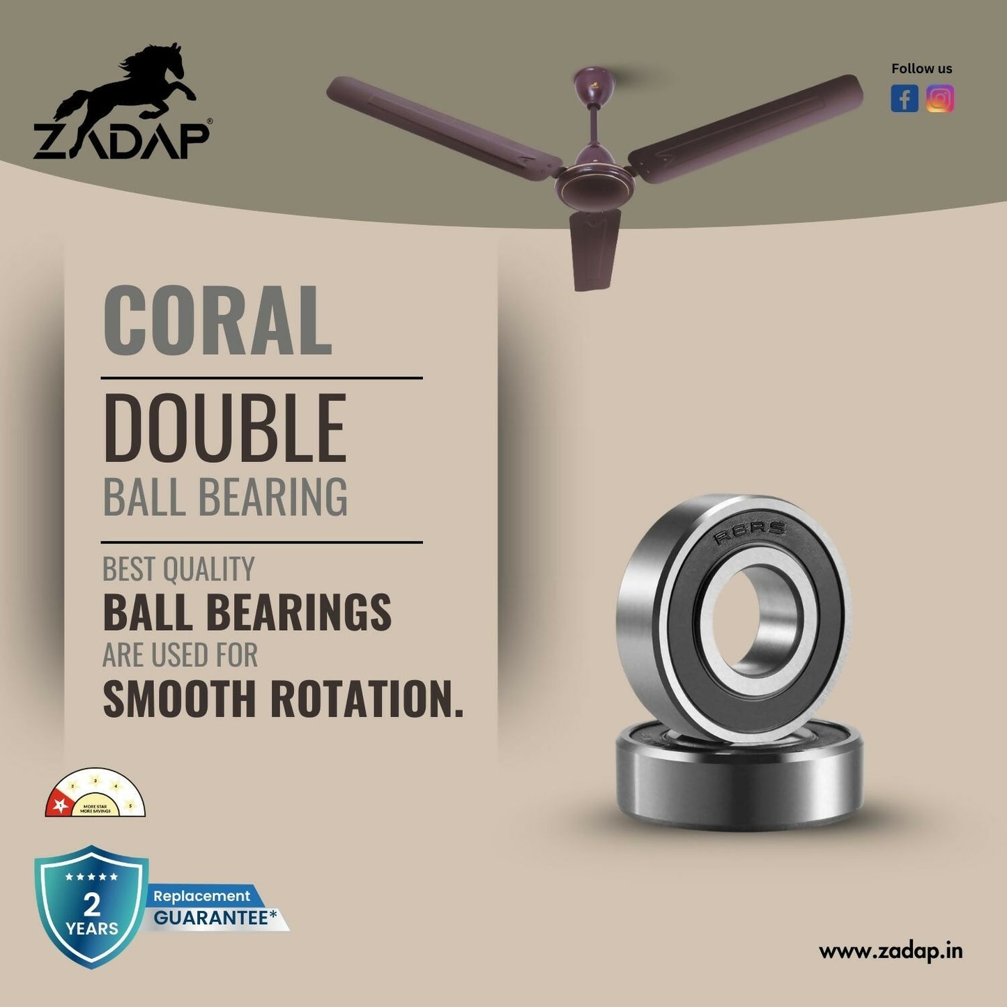 Three blade silent ceiling fan by ZADAP in royal brown shade