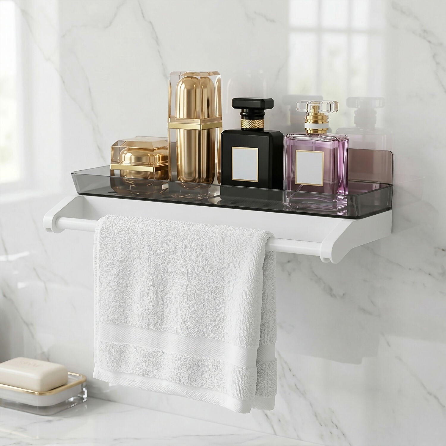 Bathroom shelf showing toiletries and towel rack installation