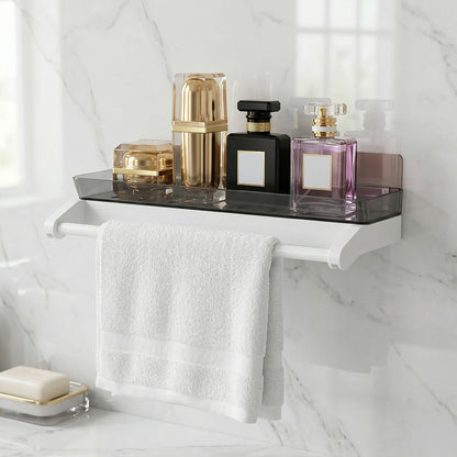 Bathroom shelf showing toiletries and towel rack installation