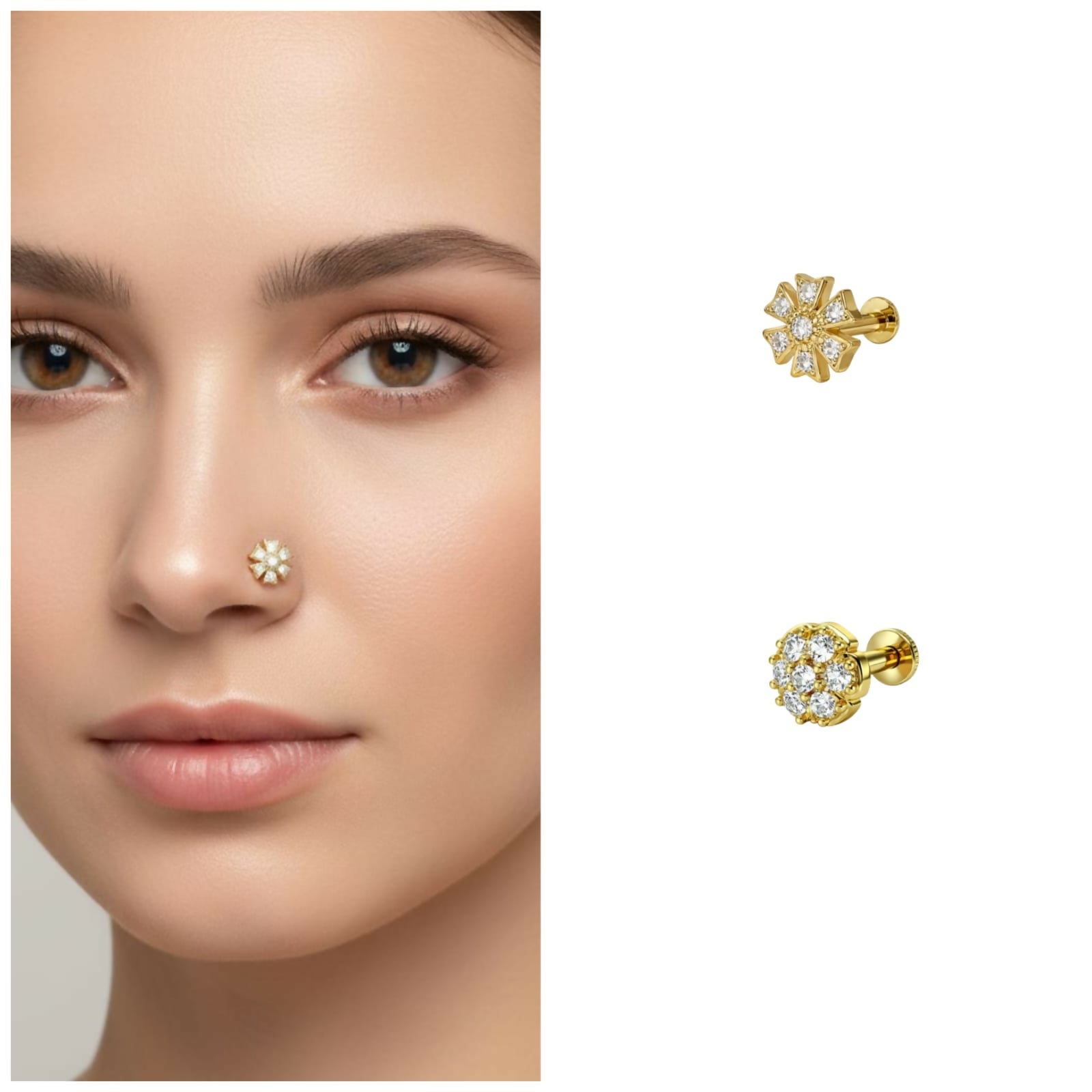 Gold plated starburst nose pin stud featuring cubic zirconia crystals in flat back design