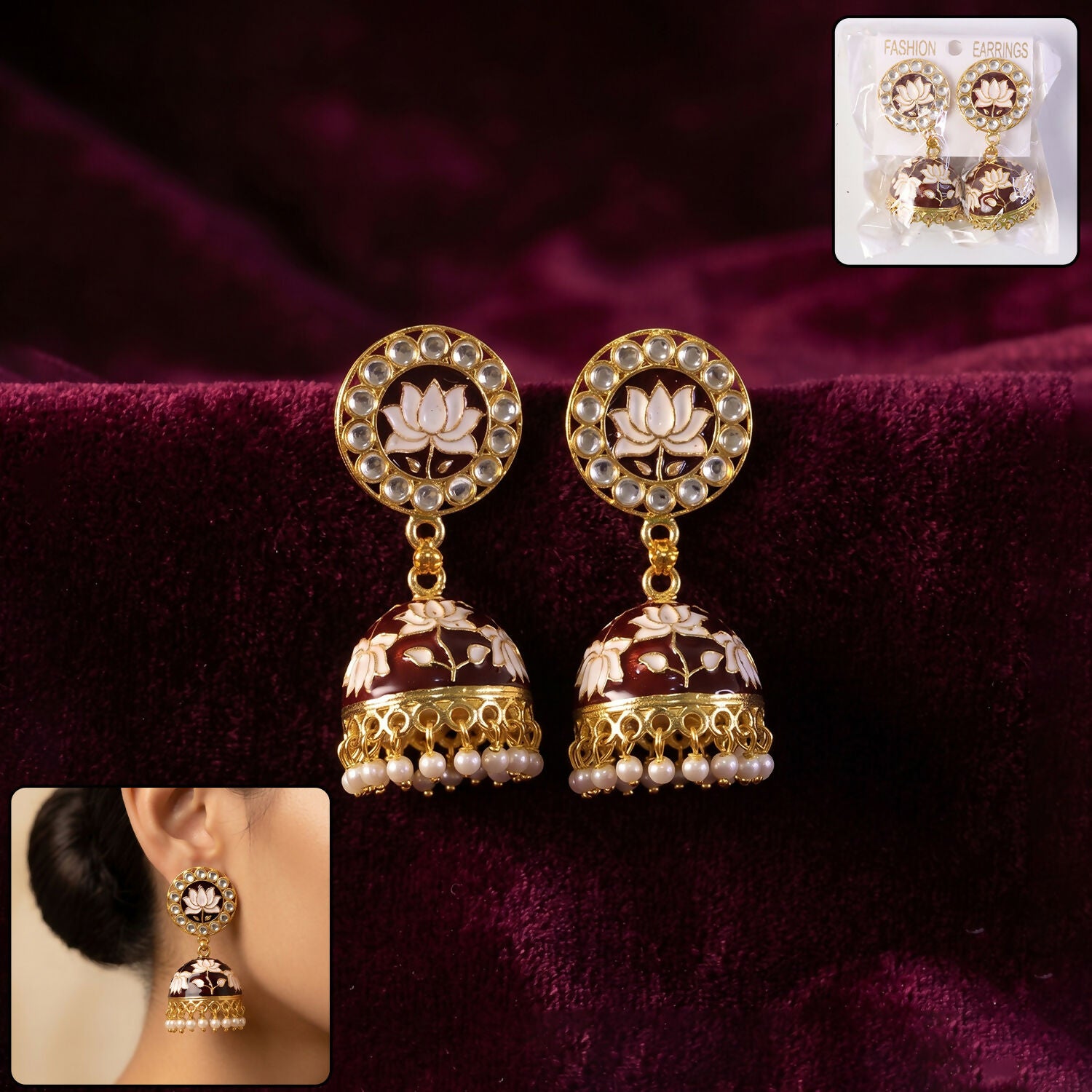 Maroon Lotus Design Gold-Tone Jhumka Earrings with Pearls