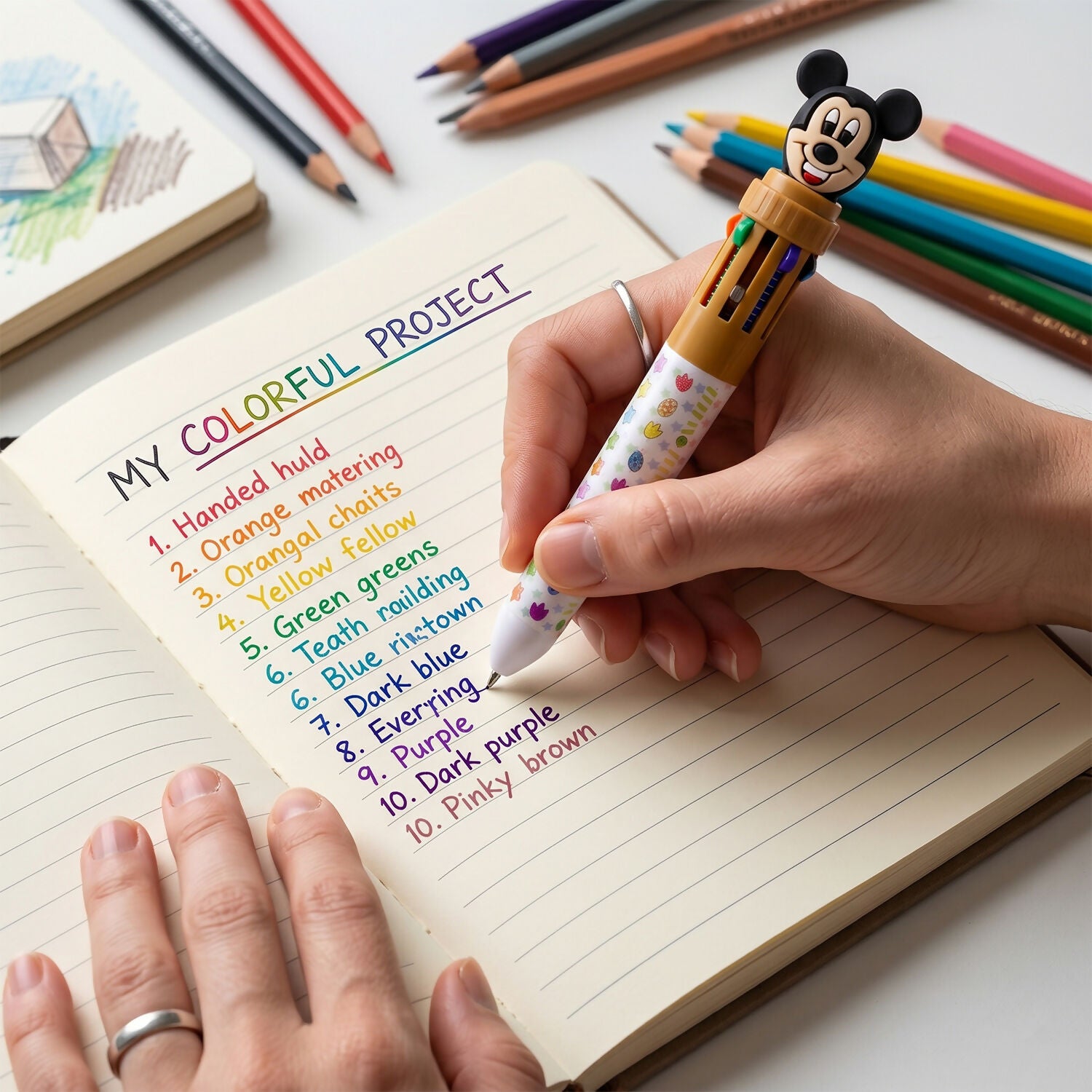 Colorful multi ink pen showing ergonomic grip and colors