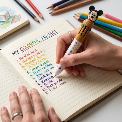 Colorful multi ink pen showing ergonomic grip and colors
