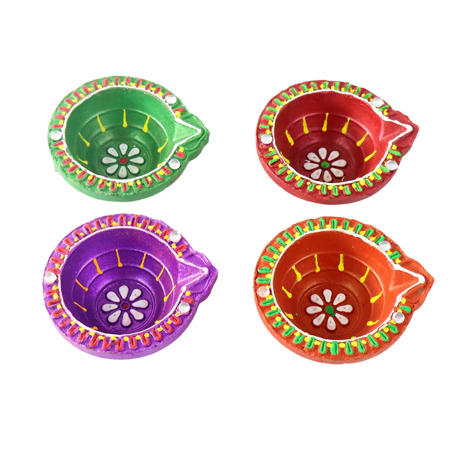 Handcrafted Multicolor Mix Diya Set of 4 – Round Flower Pattern Oil Lamps for Diwali, Pooja & Festive Decoration (Mix Design)