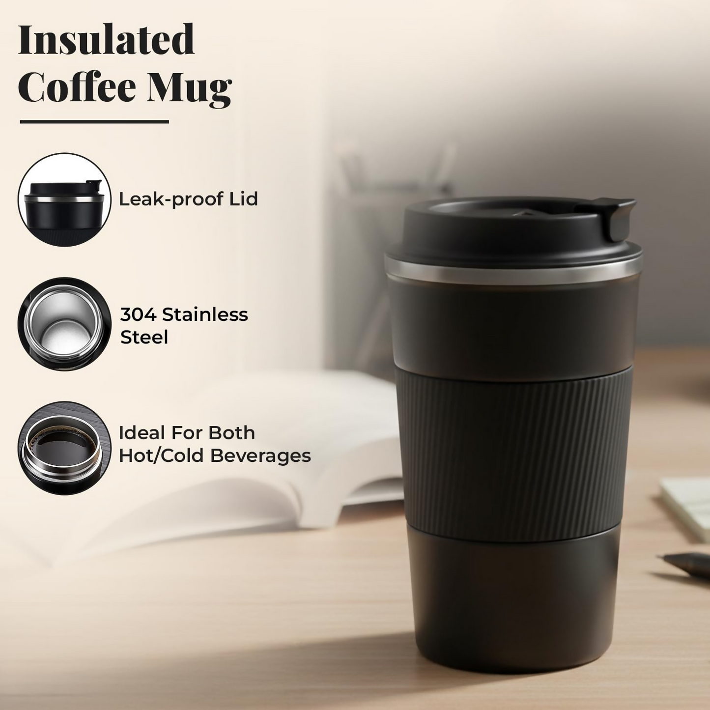 Insulated Travel Coffee Mug with Leakproof Lid and Grip Sleeve 1 Pc