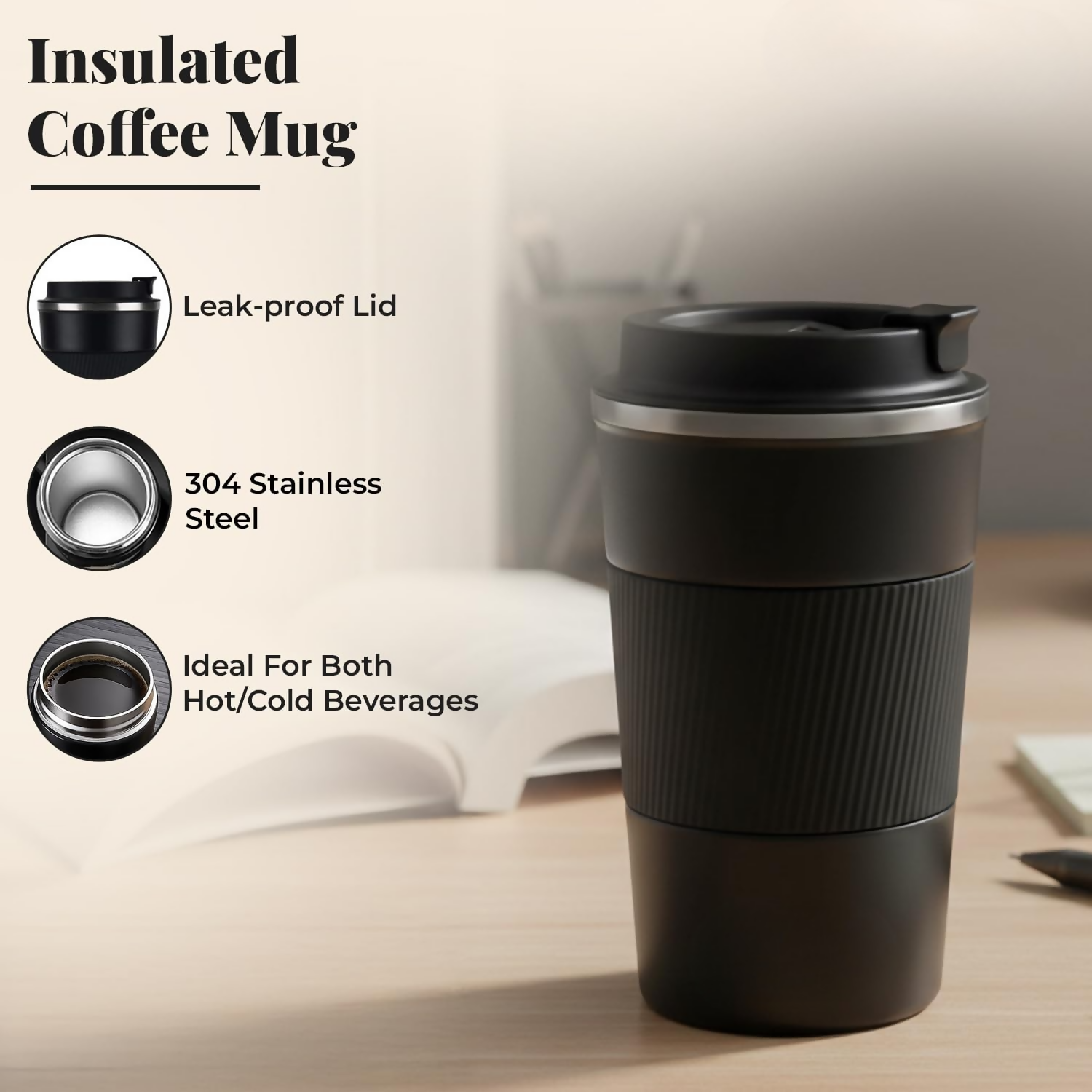 Insulated Travel Coffee Mug with Leakproof Lid and Grip Sleeve 1 Pc