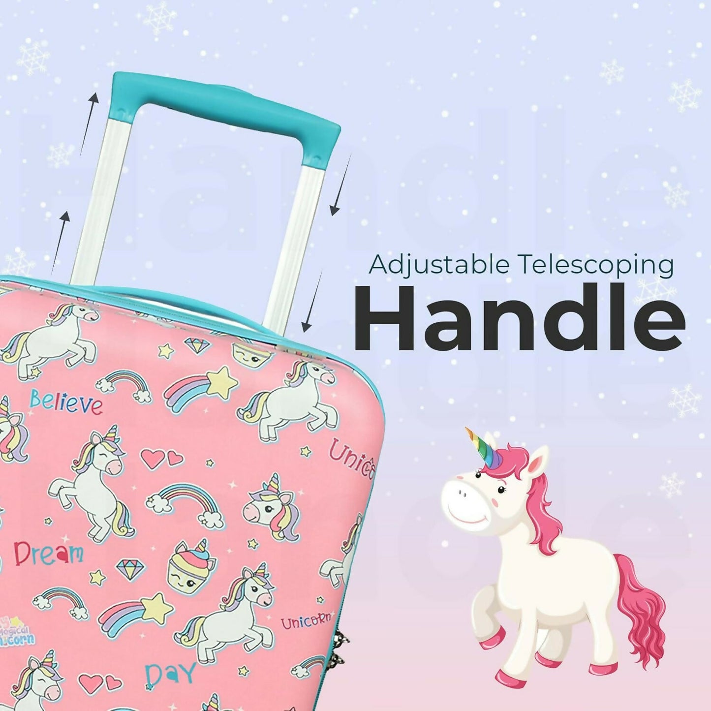 Side view of Novex Unicorn Pink Kids trolley bag showing 4 wheels